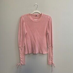 Free People Waffle Knit Thermal Shirt Women's XS Pink Juliette Lace Up Regency